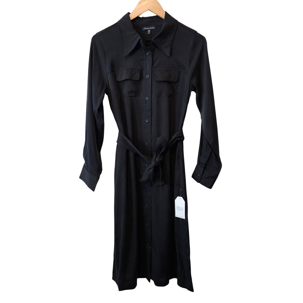 Universal Standard Black Rhea Cupro Shirt Dress Long Sleeve Belted Midi 00-0